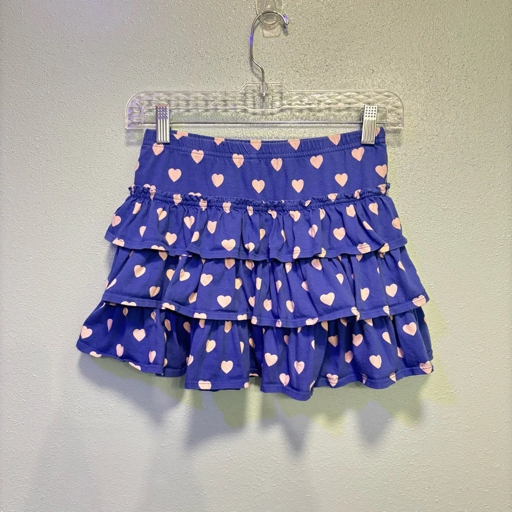 Mini Boden Girls’ Blue and Pink Heart Polka Dot Ruffle Mini Skirt with Shorts​